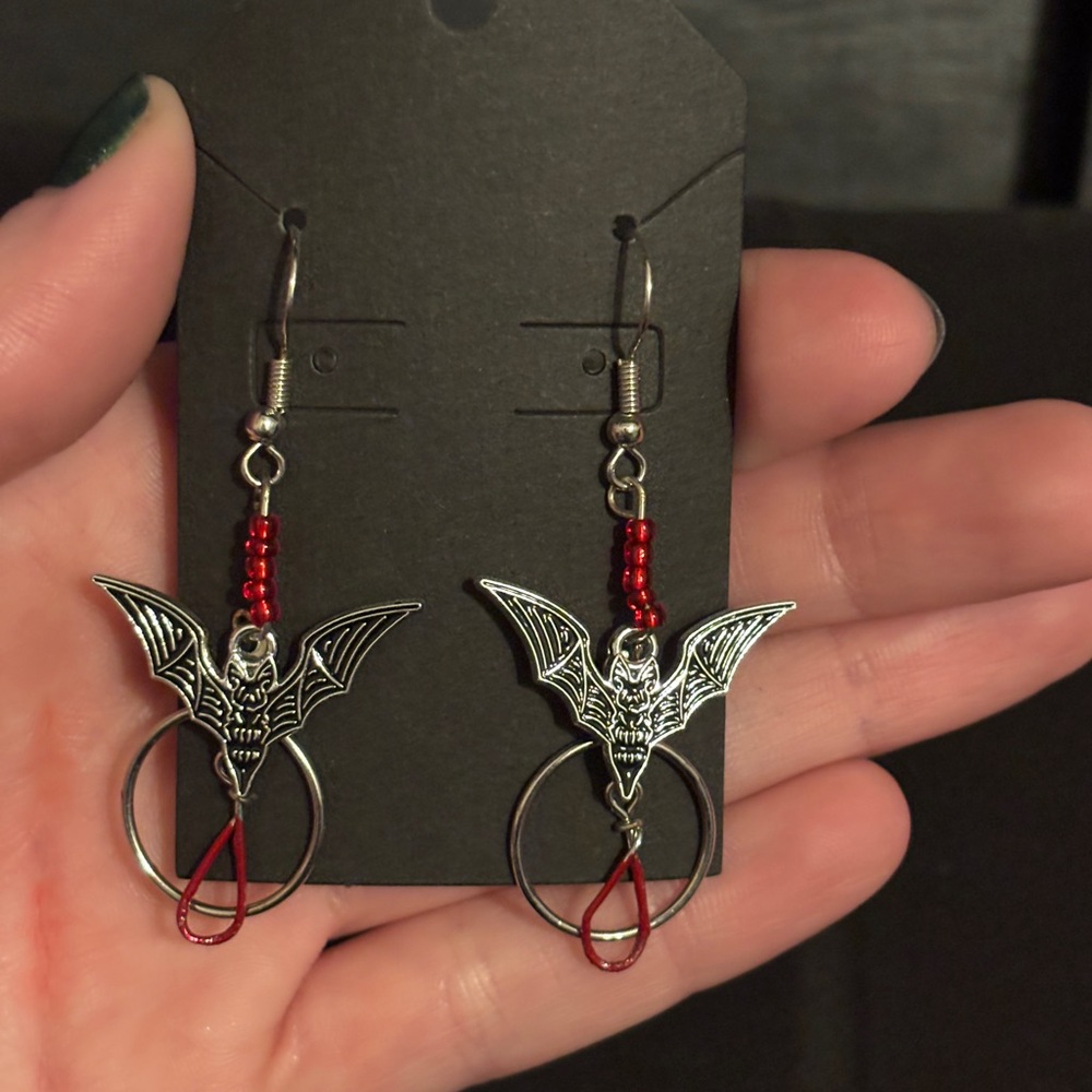 Silver Bat Earrings with Red Beads